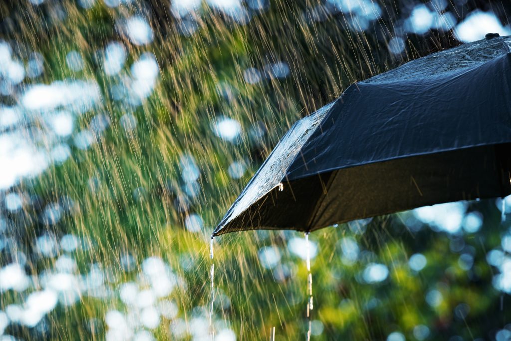 Rain, close up of umbrella in the rain falling